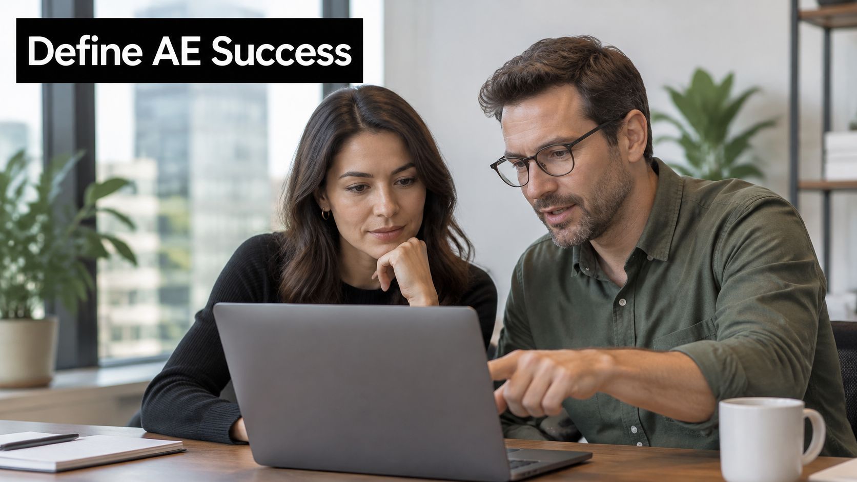 A professional man and woman looking at a laptop together in a modern office workspace.