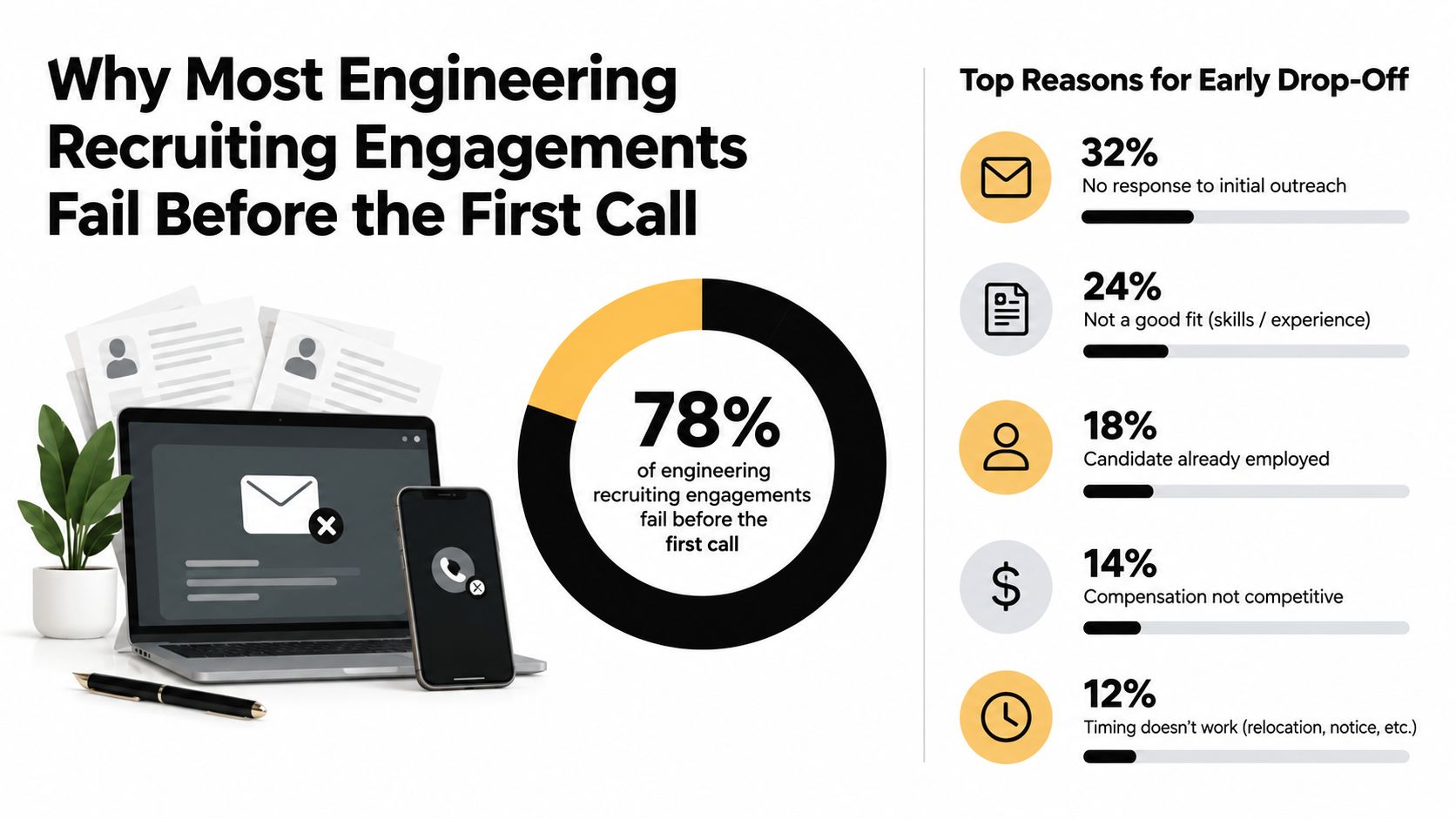 A chart showing that 78 percent of engineering recruiting engagements fail before the first phone call.