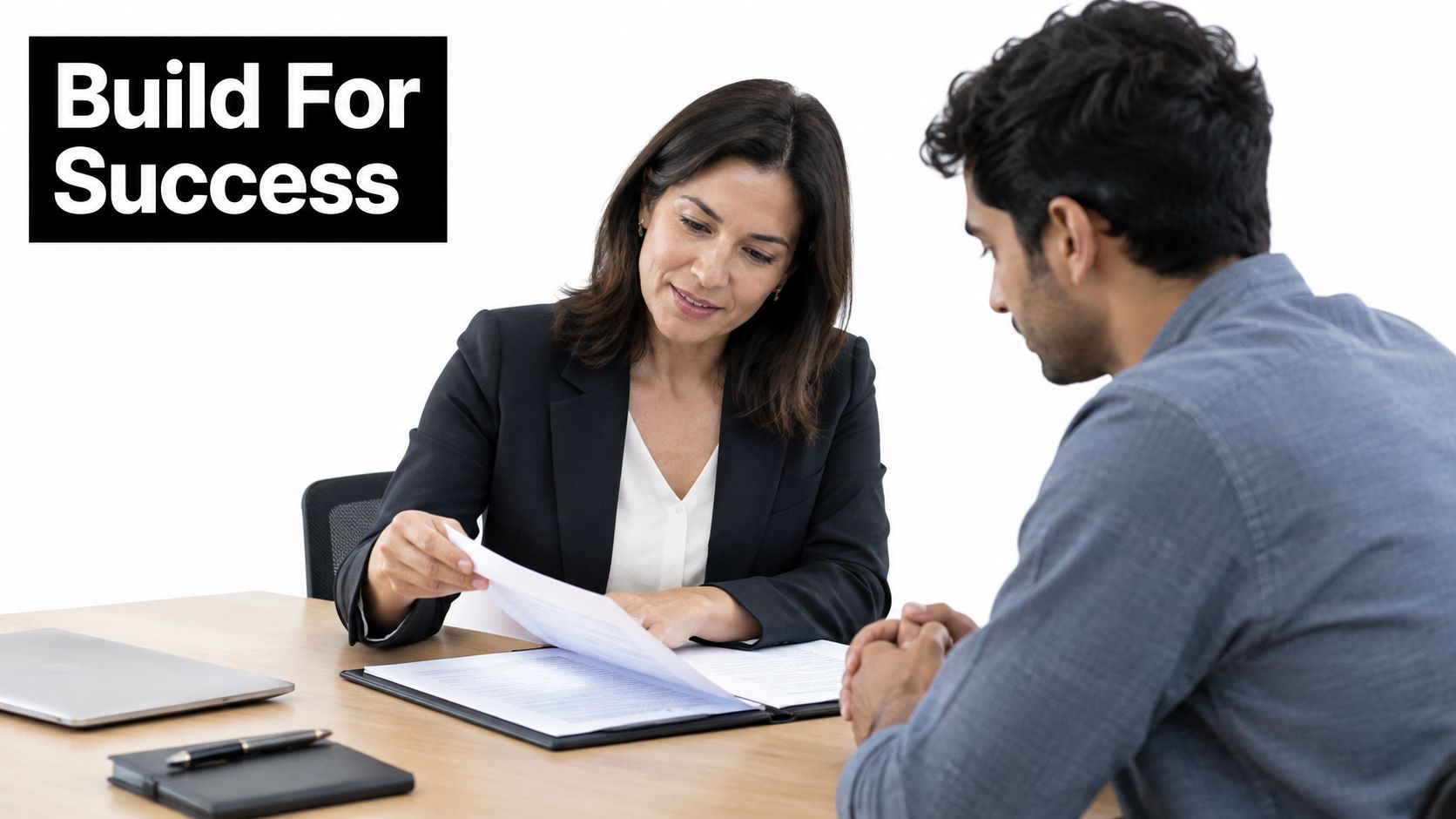 A professional woman in a business suit reviewing a document with a man during a job interview.
