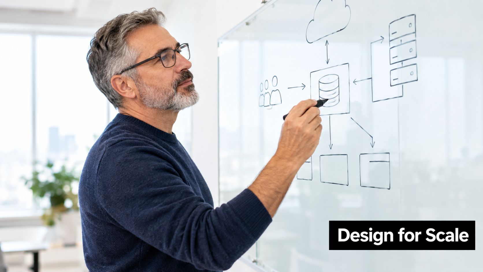 A professional engineer in a sweater draws a technical system architecture diagram on a white board.