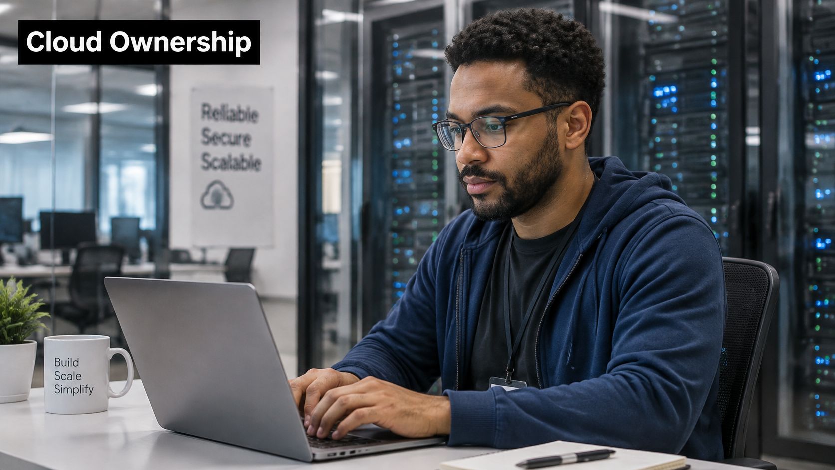A professional cloud computing engineer working on a laptop in a modern server room office environment.