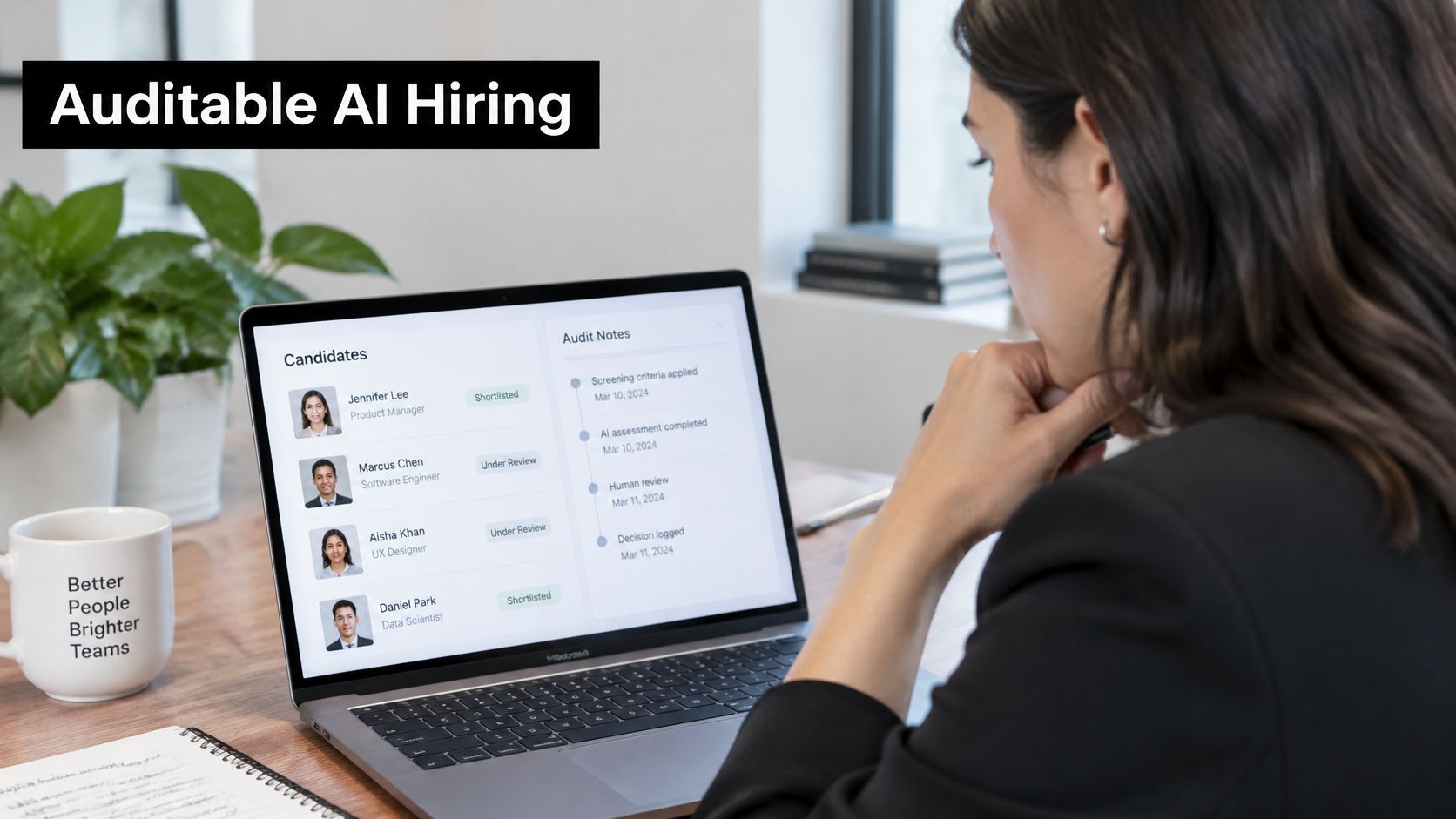 A professional recruiter using a laptop to view candidate assessment notes and hiring statuses in an office.