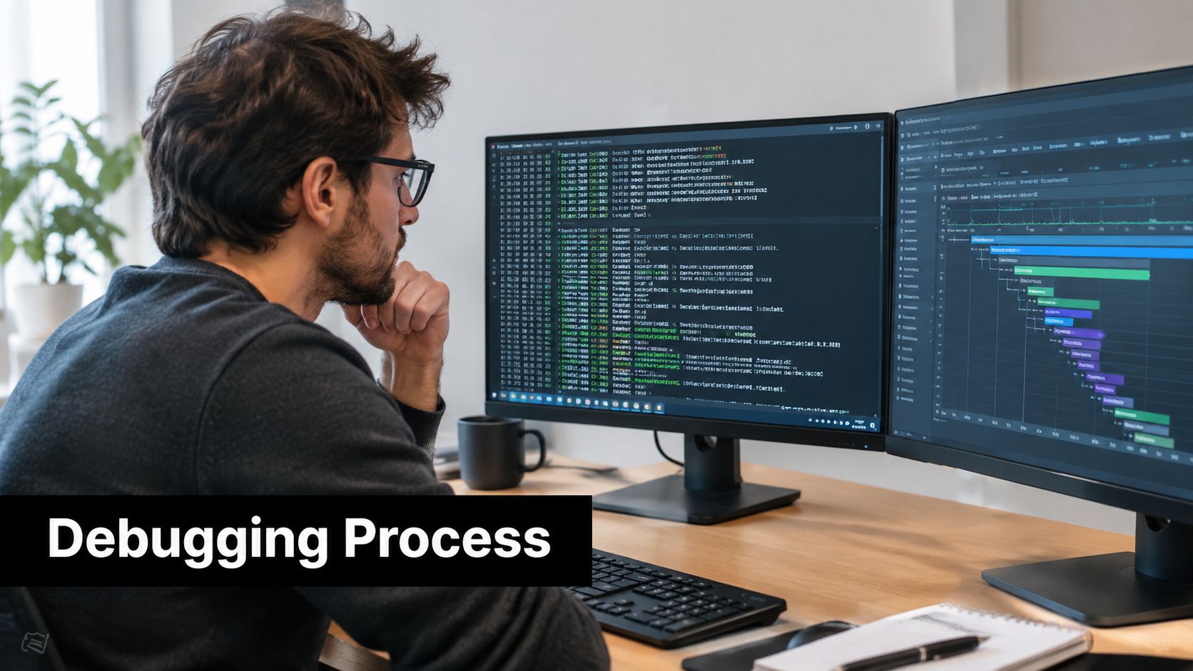 A professional software engineer focused on analyzing complex code on dual monitors at his office desk.