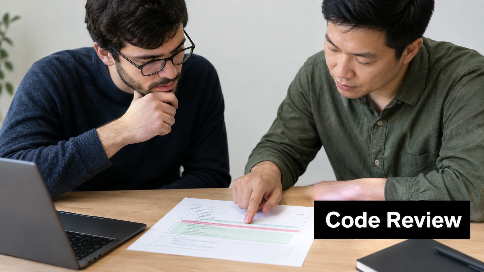 Two software engineers reviewing printed code together while sitting at a desk in an office.