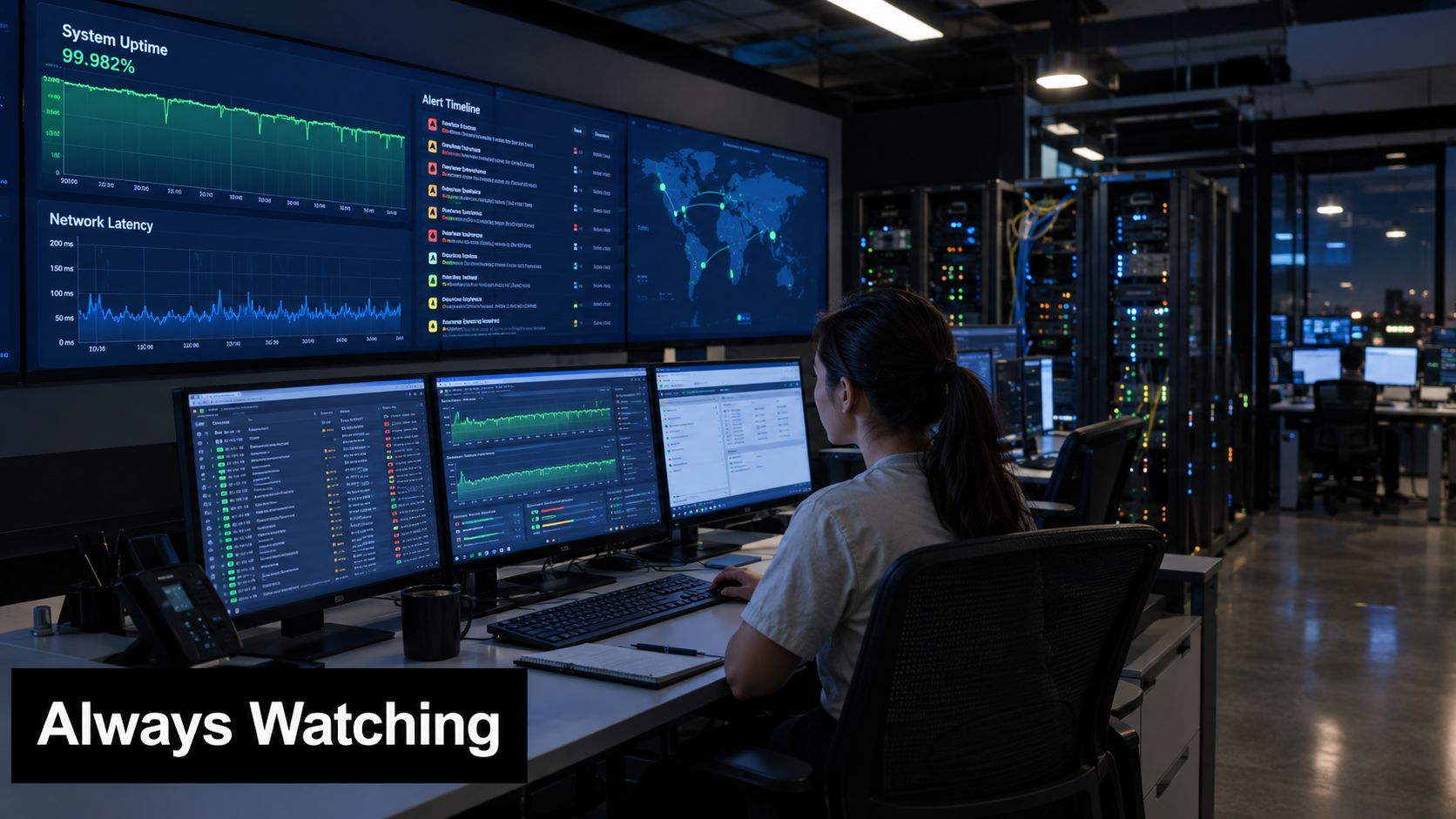 A professional IT engineer monitors server performance metrics and global network traffic on multiple screens in a data center.