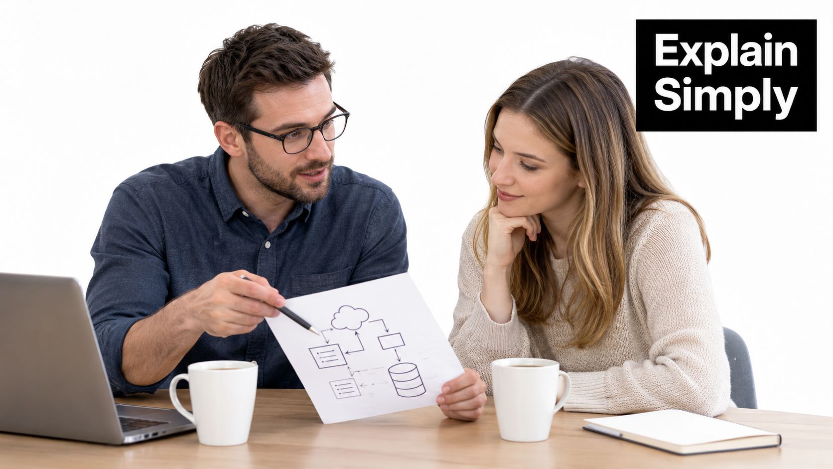A professional man and woman discussing technical workflow diagrams while working at a modern office desk.