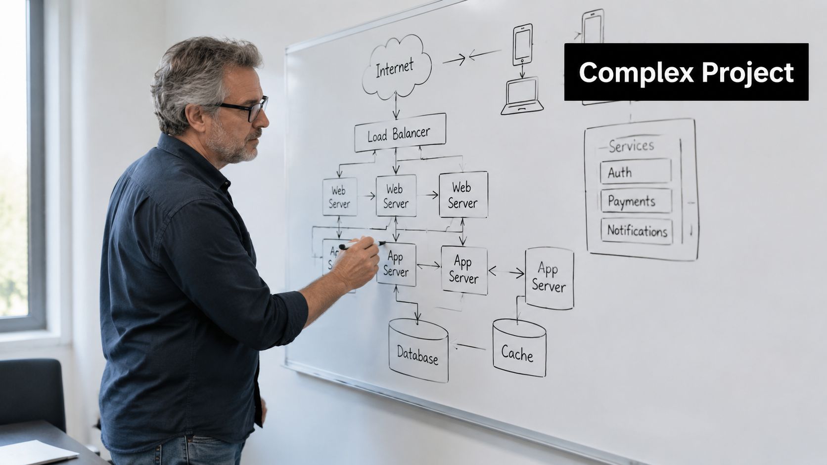 A professional software engineer standing by a whiteboard illustrating a complex system architecture diagram.