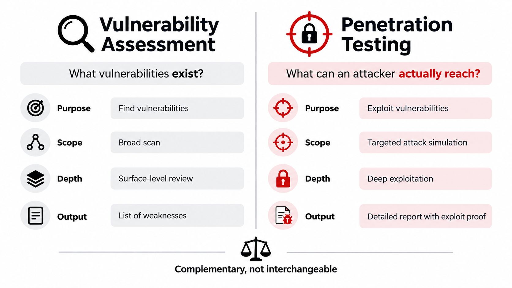 A comparison chart explaining the key differences between vulnerability assessment and penetration testing in cybersecurity.