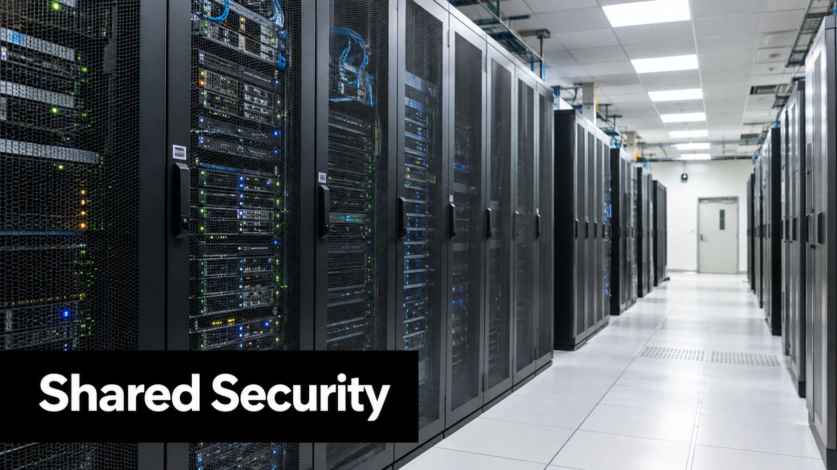 A perspective view of a modern data center with rows of black server racks and LED lights.