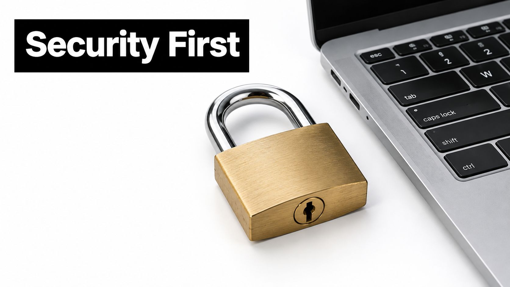 A brass padlock sitting next to a laptop keyboard on a clean white background symbolizing digital security.