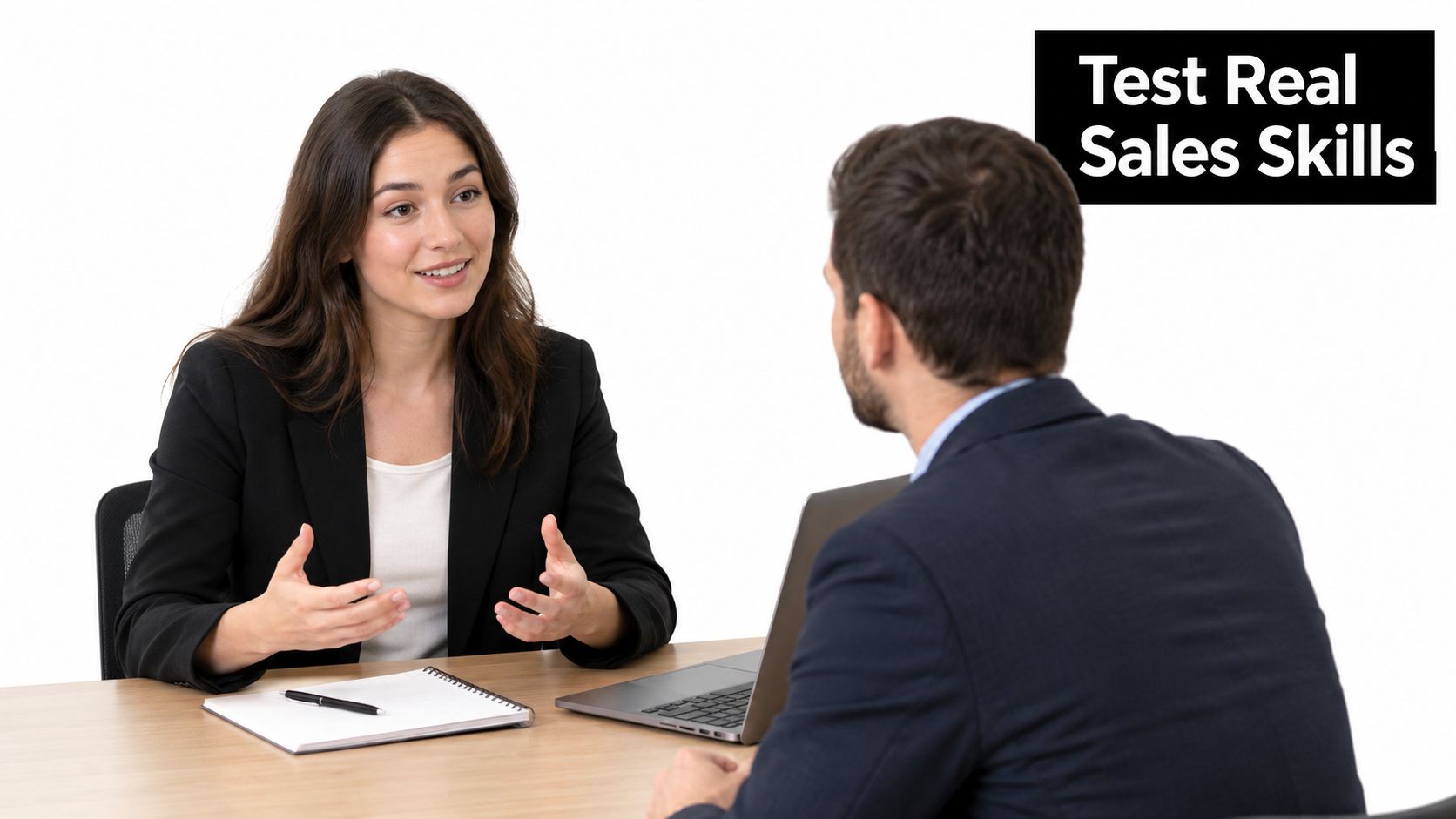 A professional woman in a suit interviews a male job candidate in an office setting.