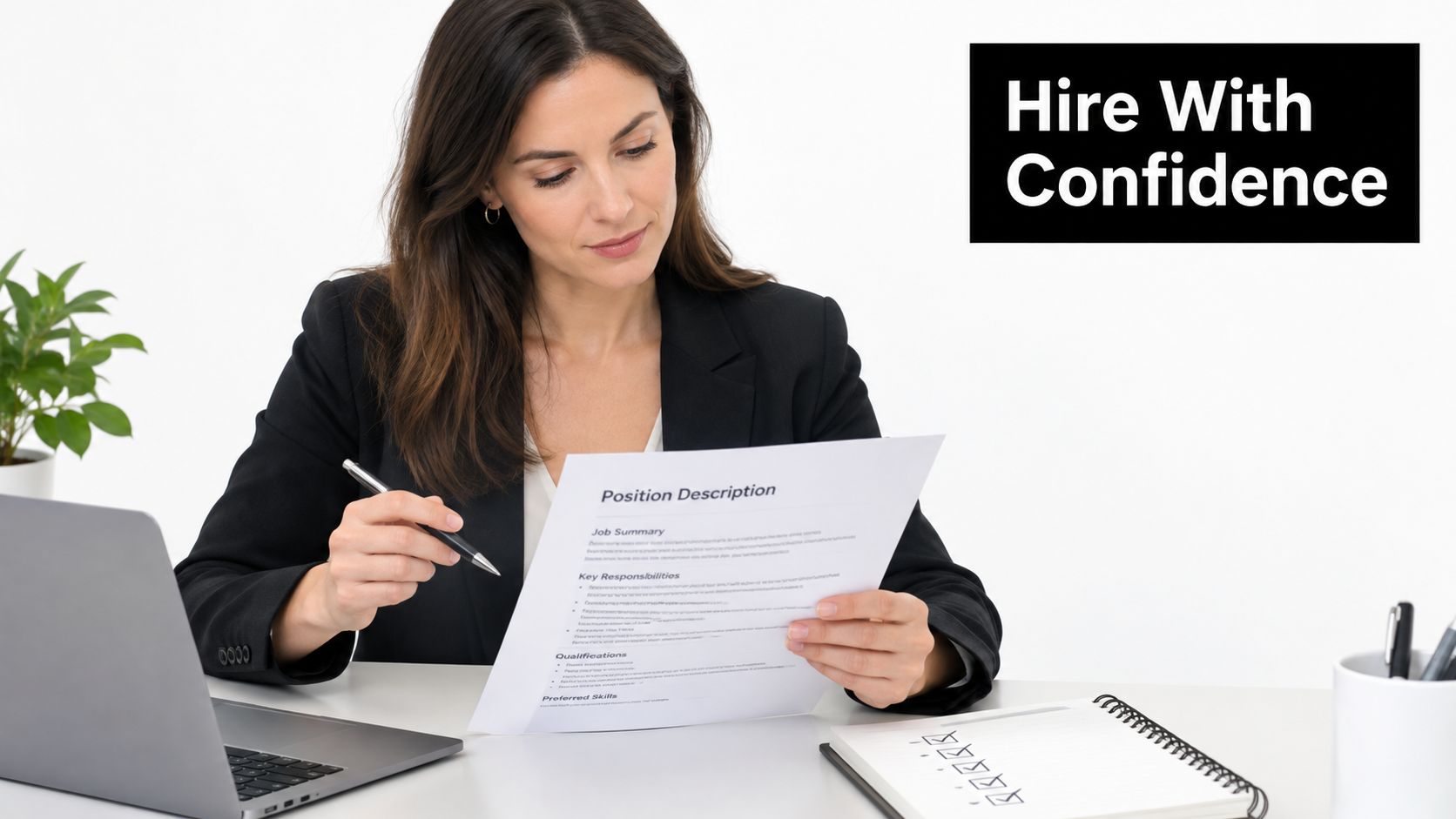 A professional woman sitting at a desk and reviewing a printed position description document.