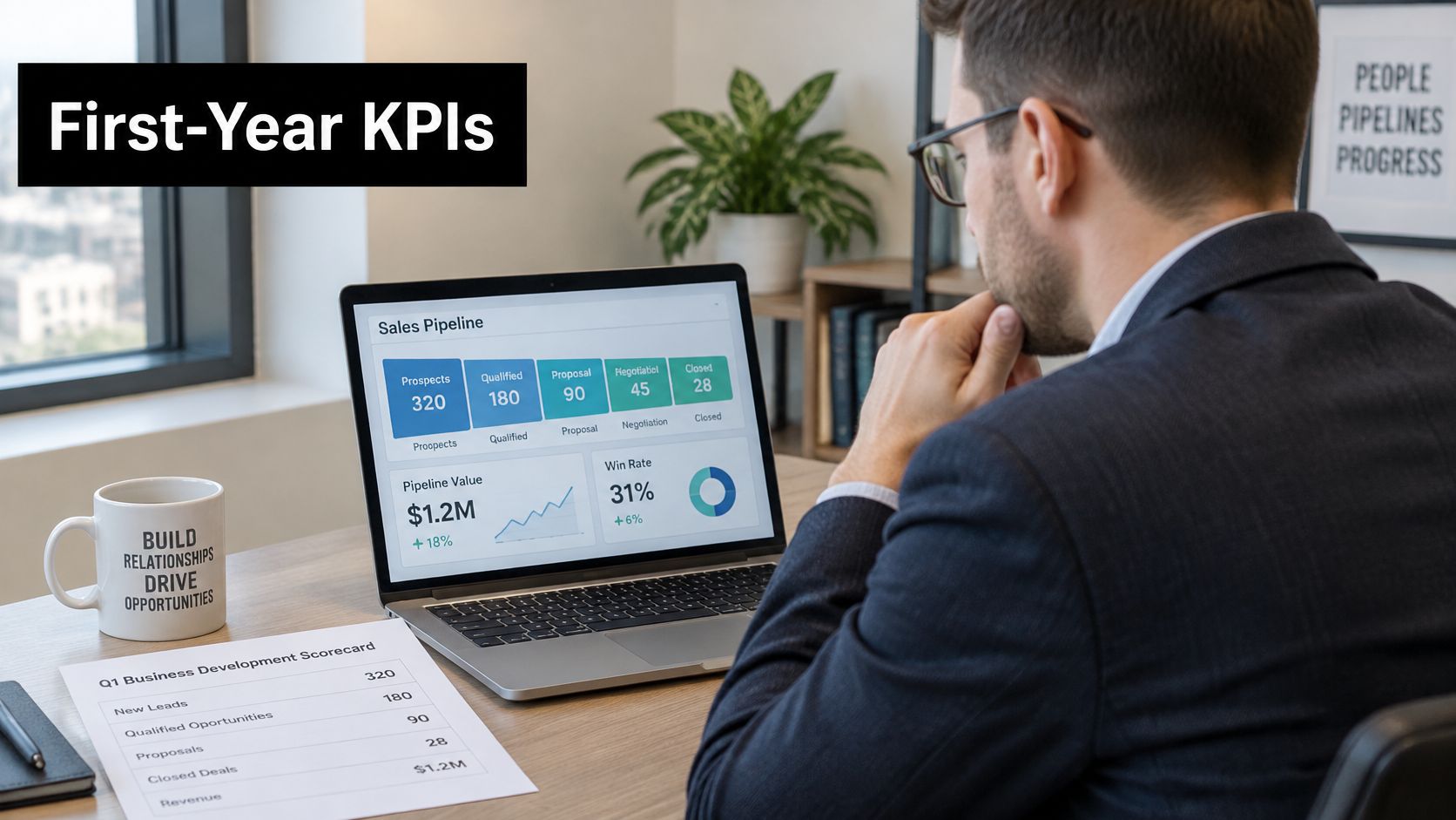 A professional business development manager reviewing sales pipeline metrics and performance data on a laptop in an office.