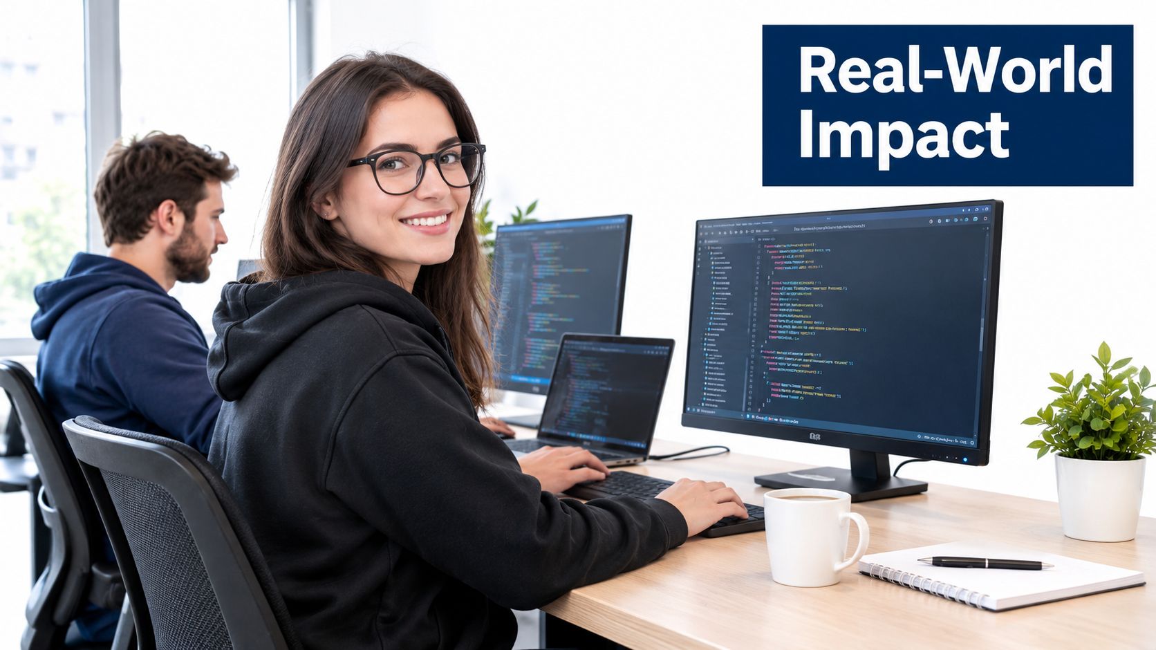 A female software developer smiling at the camera while working on code at an office workstation.