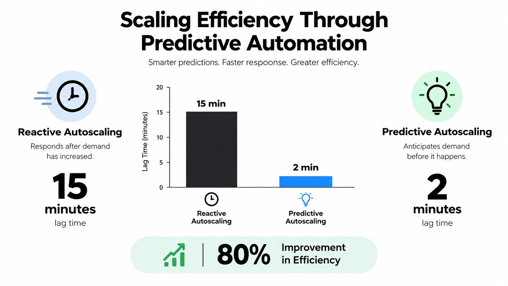 A comparison chart showing a reduction in lag time from 15 minutes to 2 minutes using predictive autoscaling.