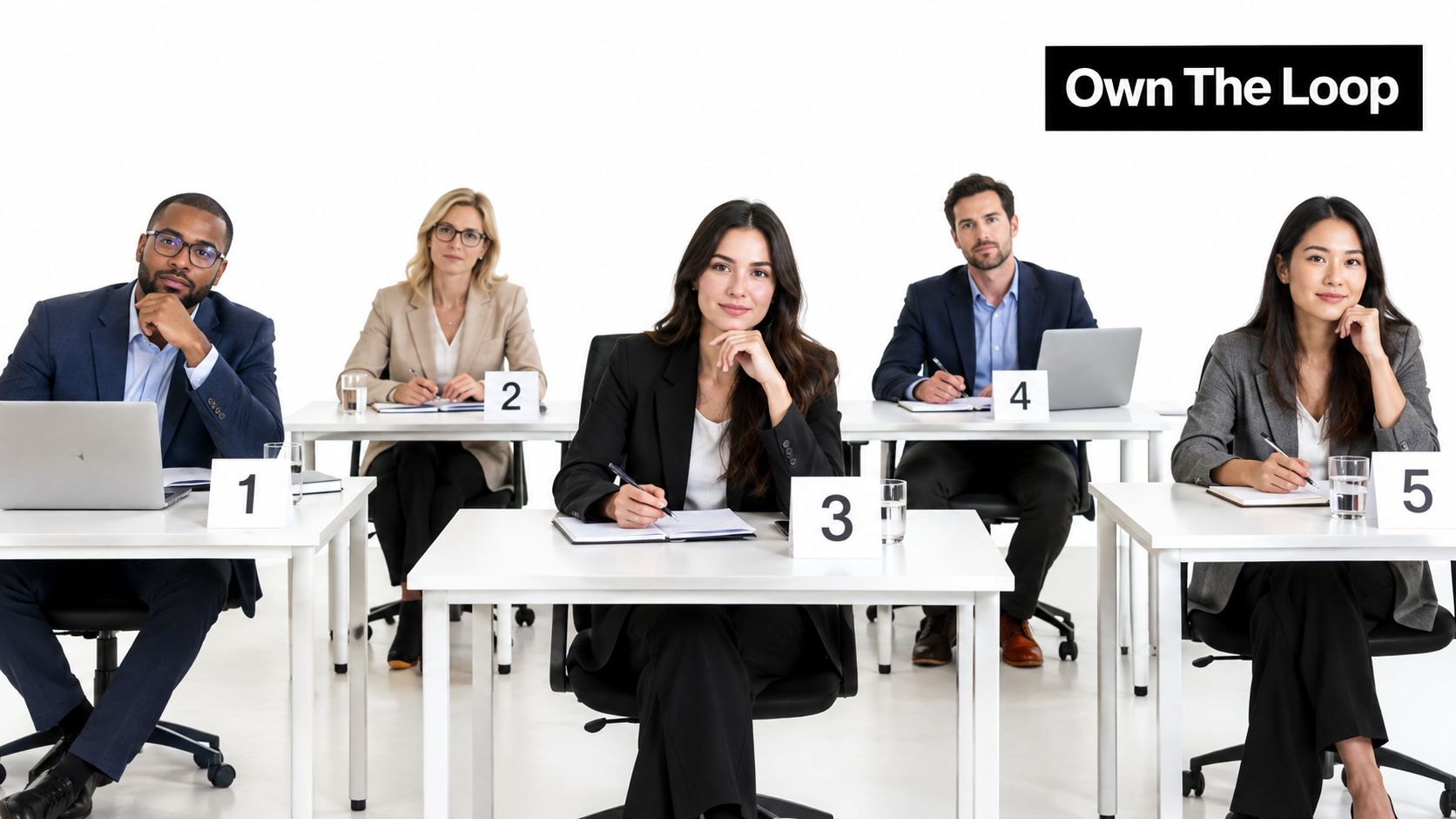 A diverse group of five professional job candidates sitting at individual desks in a bright office space.