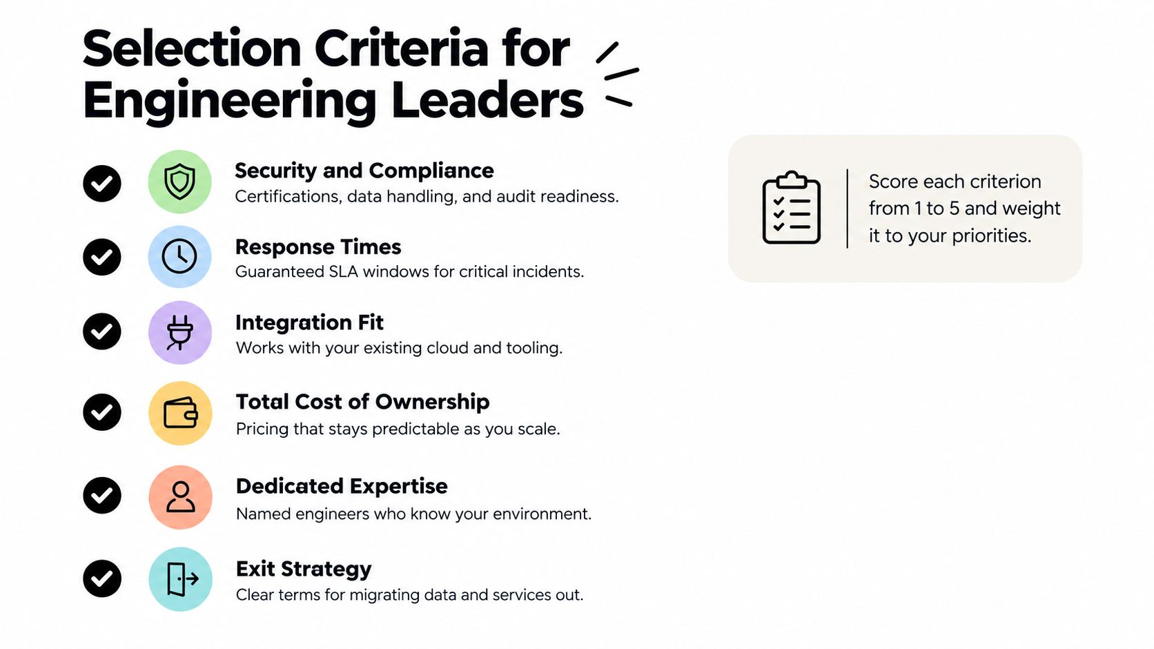 A checklist infographic outlining six essential criteria for engineering leaders when selecting a managed services platform provider.