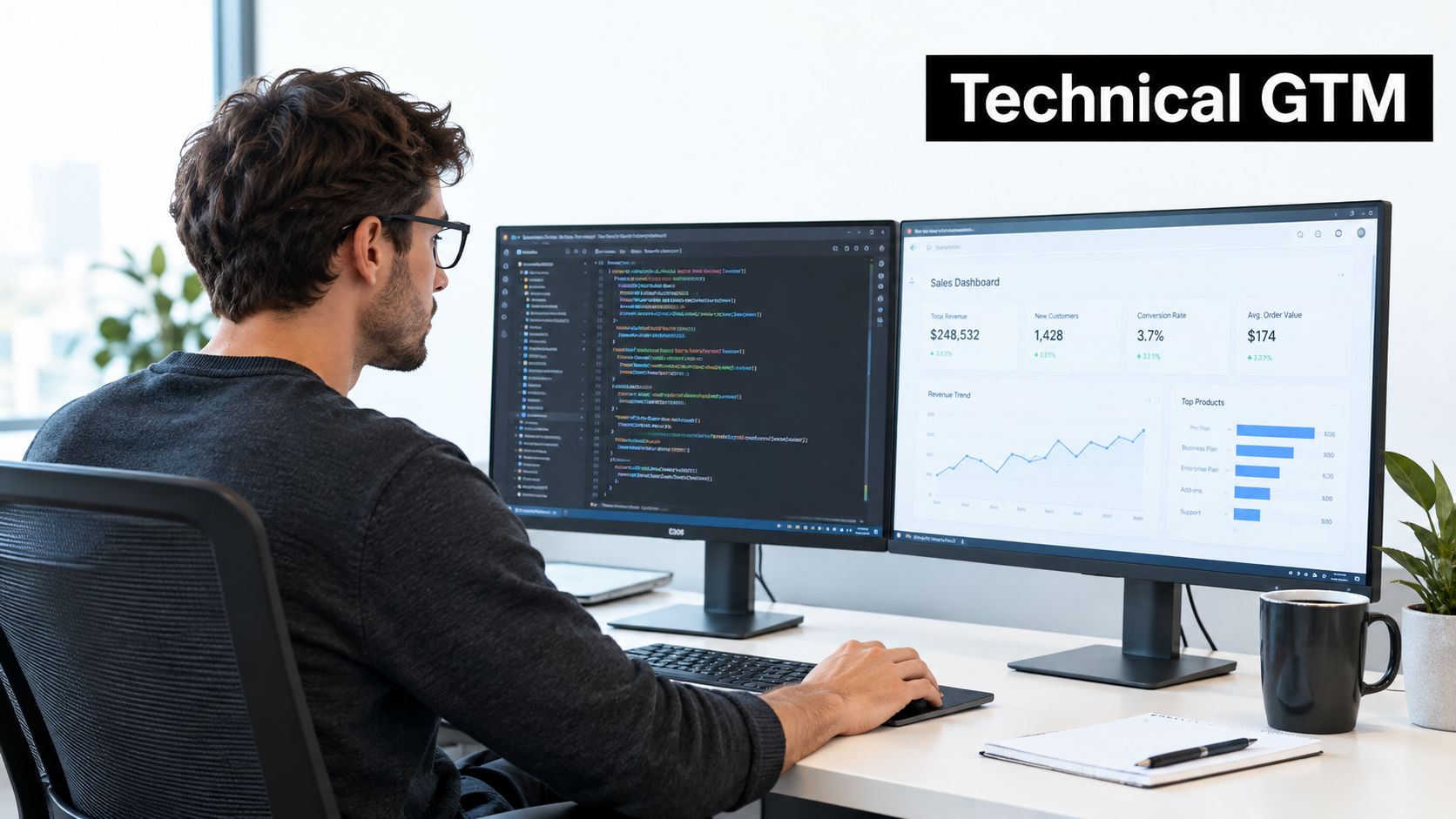 A professional developer sitting at a desk with two monitors displaying code and a sales dashboard.