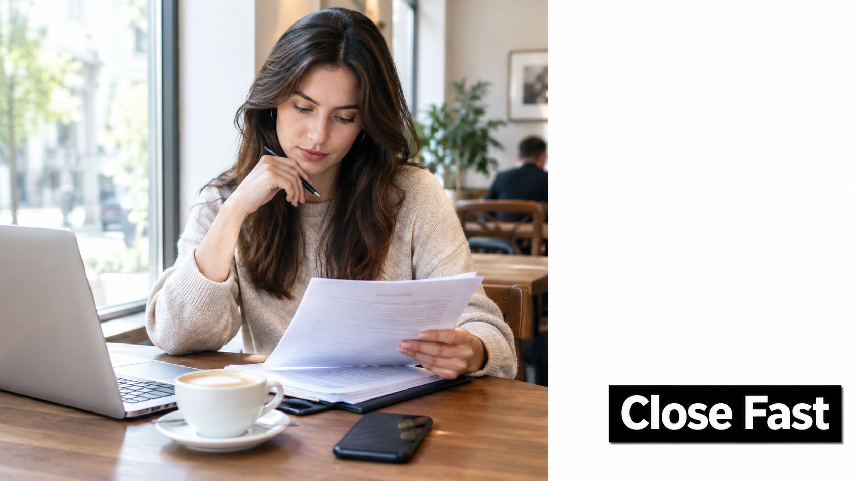 A woman working remotely in a cafe with her laptop and important documents for business recruitment.