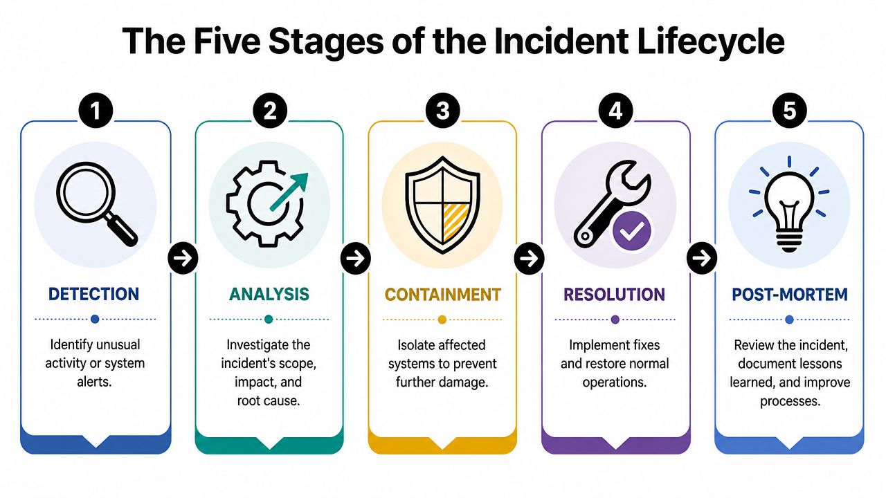 A diagram illustrating the five stages of the incident lifecycle: detection, analysis, containment, resolution, and post-mortem.