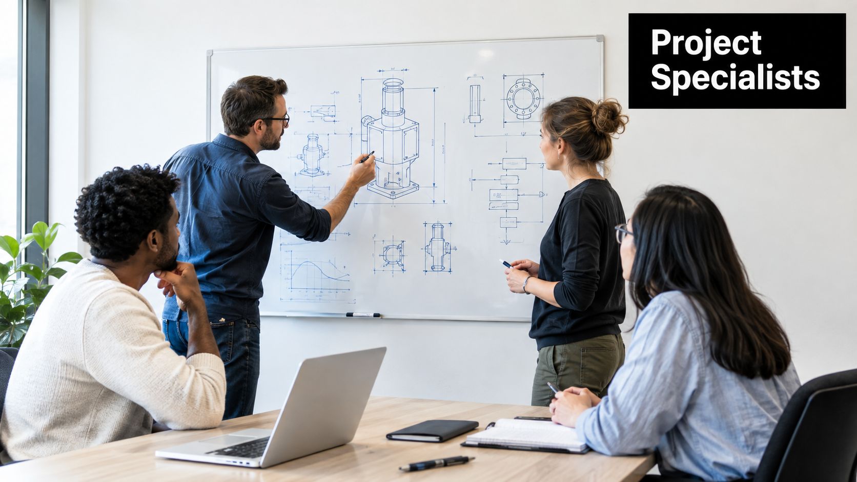 A professional team of specialists brainstorming technical engineering designs on a whiteboard in a modern office.