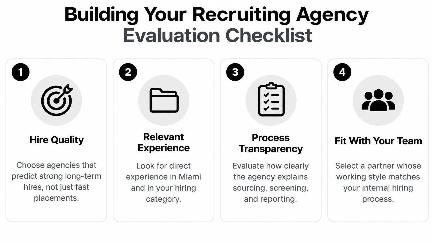 A four-step evaluation checklist for choosing a professional recruiting agency for businesses in Miami.