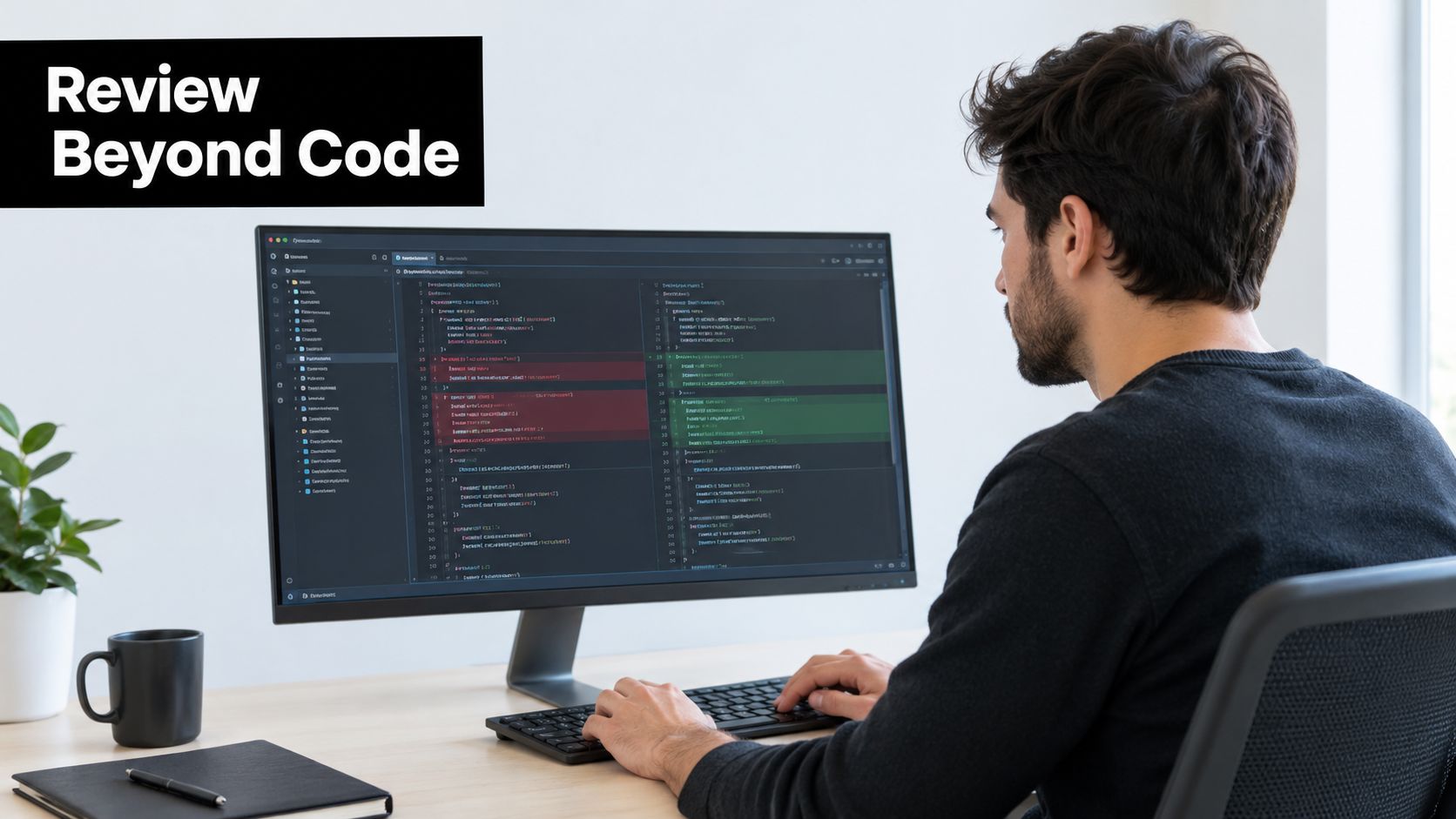 A professional developer sitting at a clean desk working on software code on a large monitor.