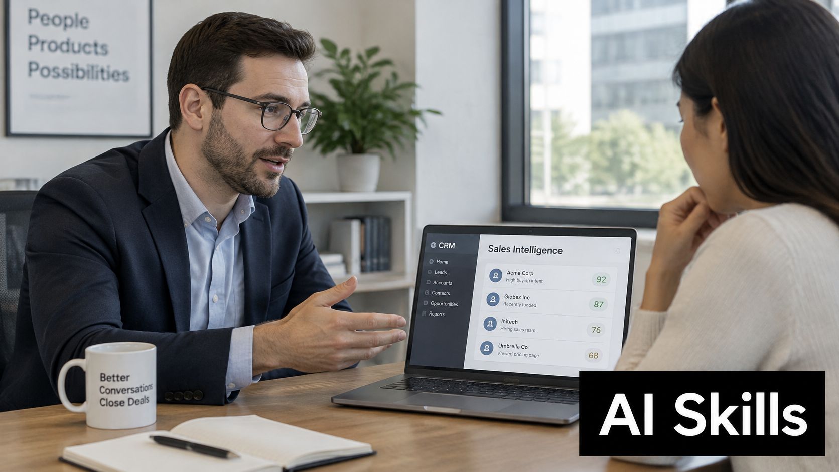 A professional business development manager discussing sales analytics on a laptop screen with a colleague.