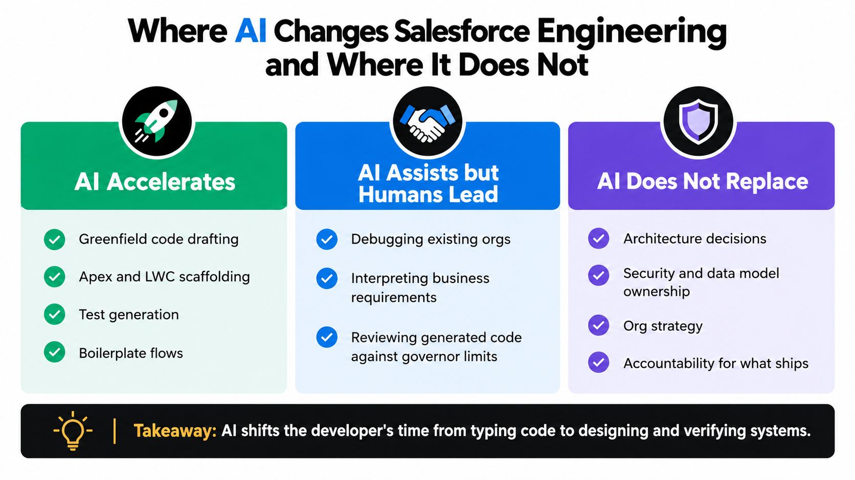 A chart showing how artificial intelligence accelerates, assists, and changes roles within Salesforce engineering and software development.
