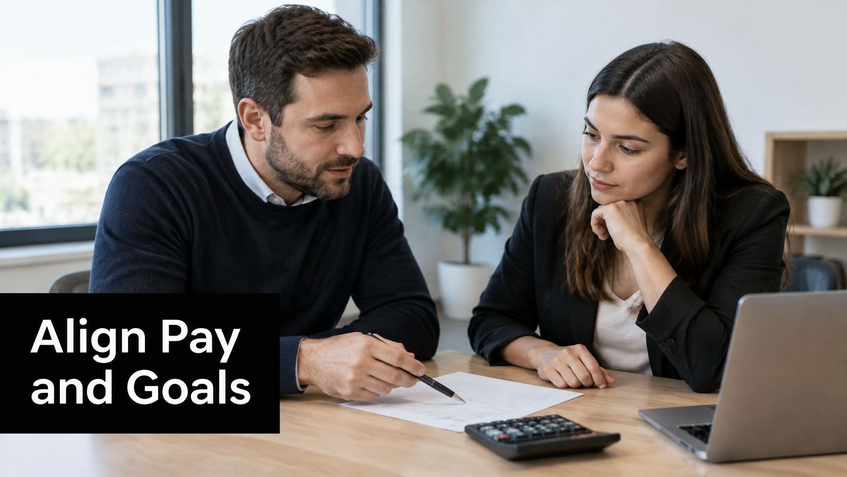 A professional man and woman collaborating together on business strategy and compensation planning in an office.