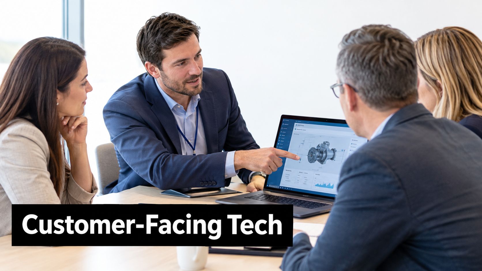 A professional team in business attire collaborating in a modern office meeting while reviewing technical 3D CAD software.