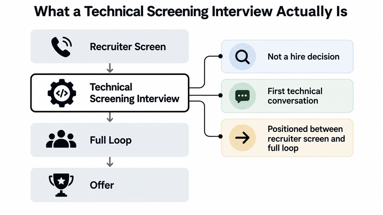 An infographic diagram explaining the role and position of a technical screening interview within the hiring process.