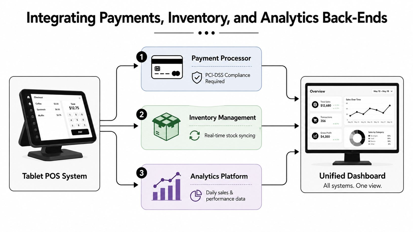 A diagram illustrating the integration of a tablet POS system with payment, inventory, and analytics back-end platforms.