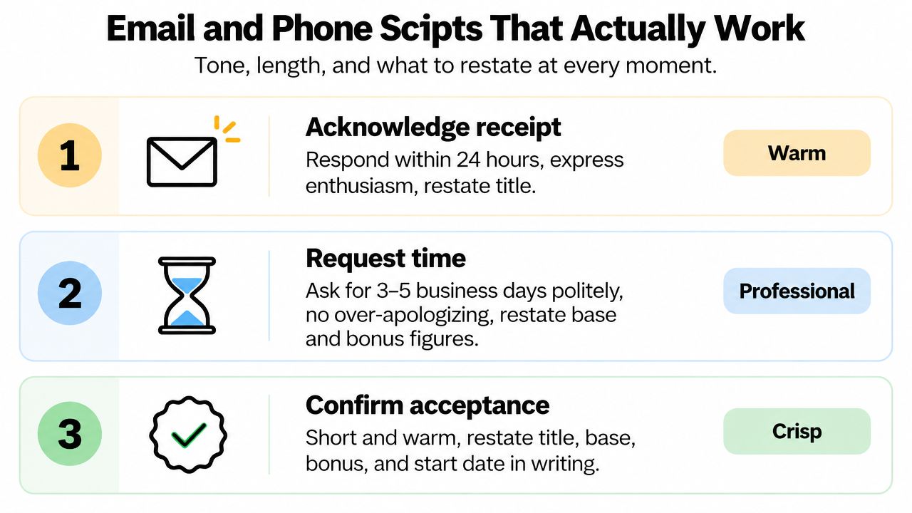 A guide showing three numbered steps for professional email and phone scripts when accepting a job offer.