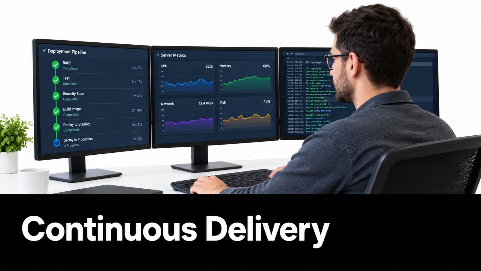 A professional developer monitoring deployment pipeline and server metrics on three computer monitors in a bright office.