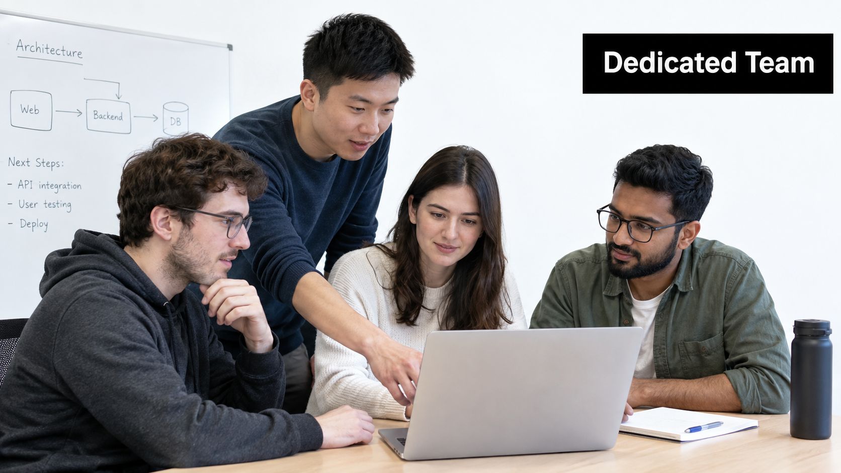 A diverse team of four colleagues collaborating on a software project in a modern office environment.