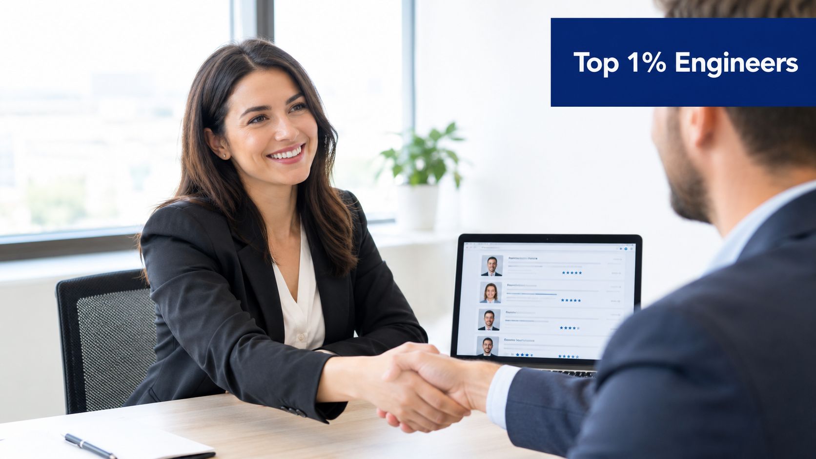 A professional woman and a man shaking hands during a business meeting in a bright office.