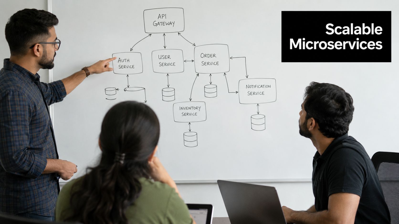 A professional team discussing a scalable microservices architecture diagram drawn on a white board during a meeting.