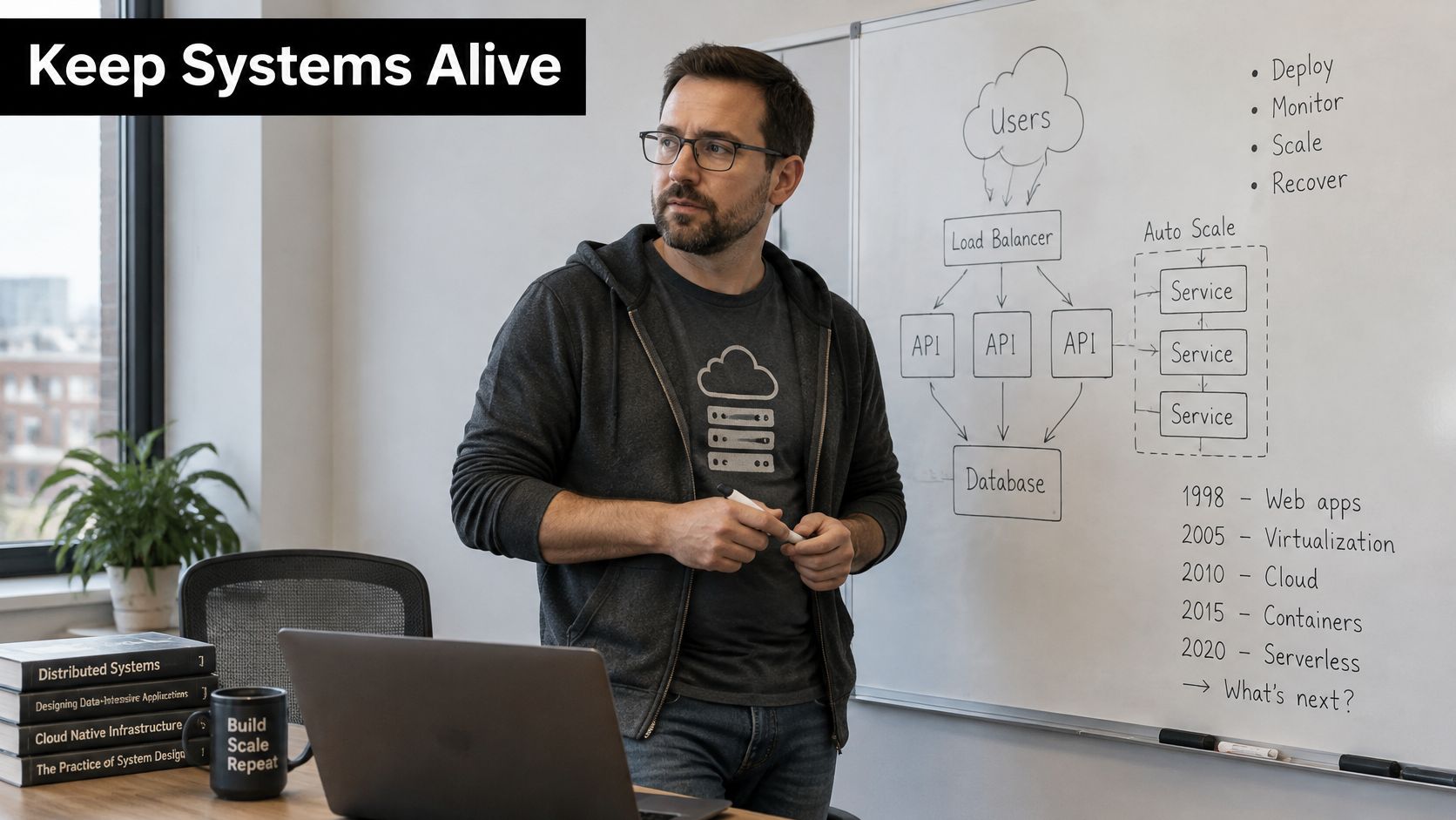 A professional systems engineer stands in front of a whiteboard explaining cloud architecture diagrams and concepts.