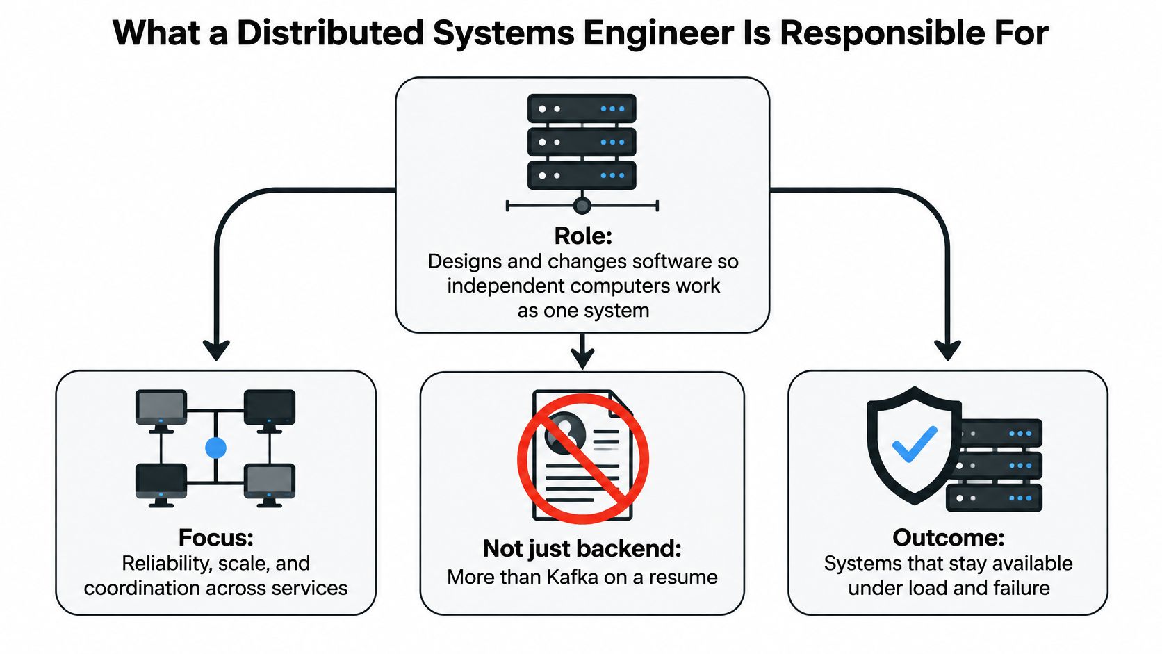 An infographic titled What a Distributed Systems Engineer Is Responsible For, detailing roles, focus areas, and outcomes.