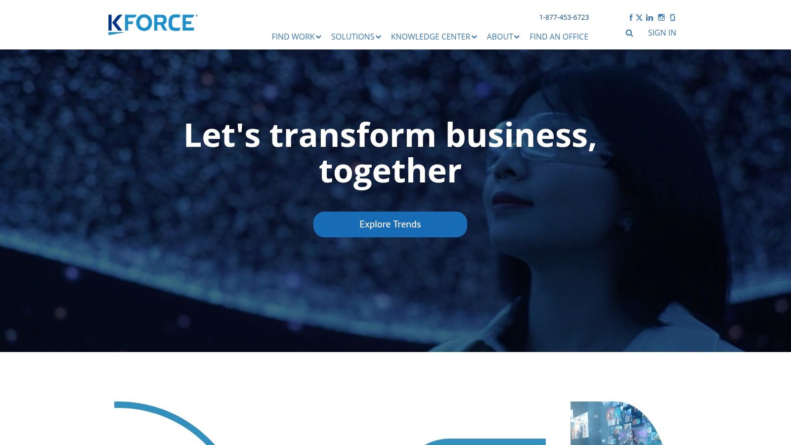 Screenshot of the Kforce homepage, showing their services for IT staffing in the Miami area.