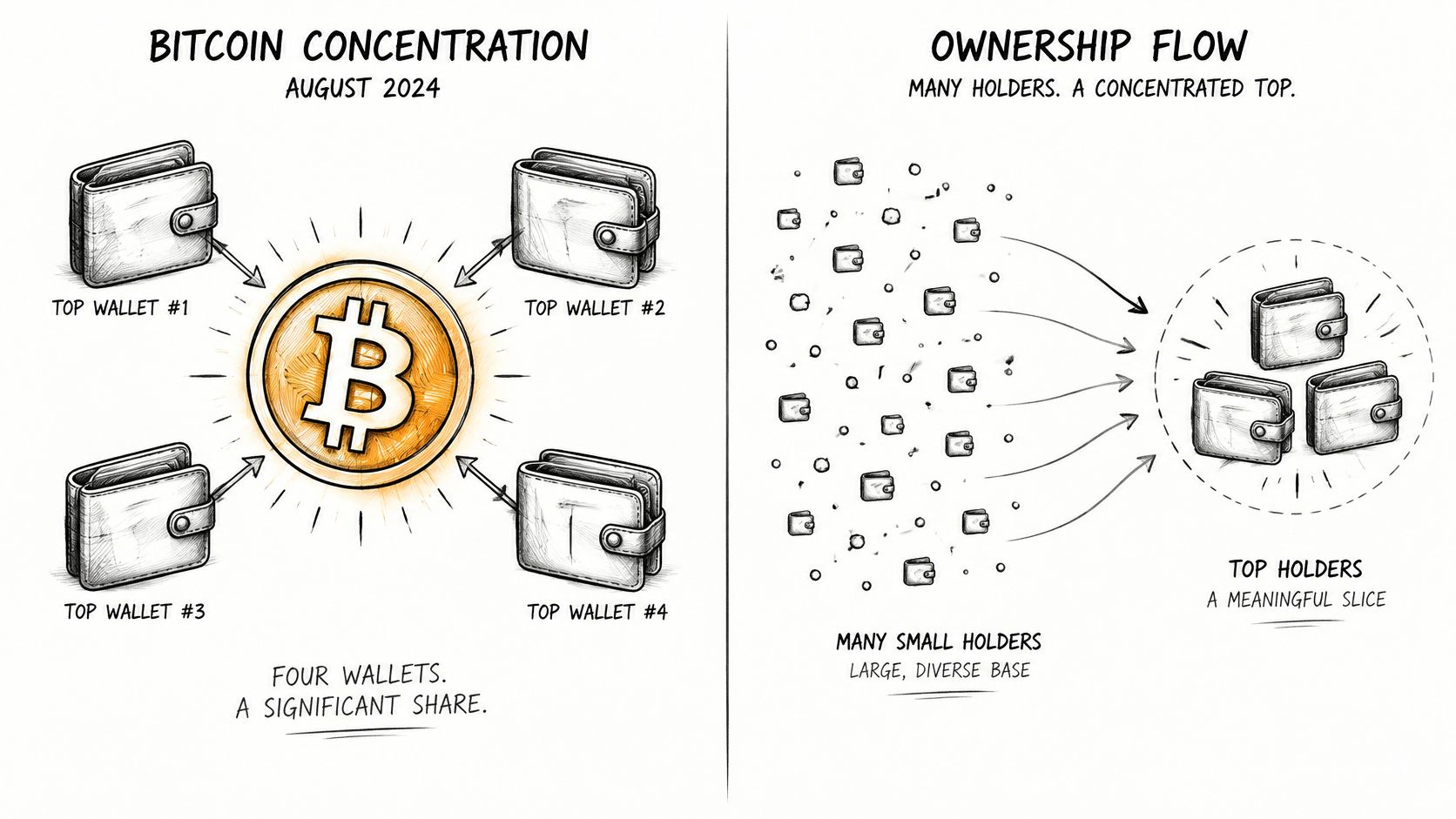 An infographic illustrating Bitcoin concentration in top wallets and the flow of ownership from small holders.