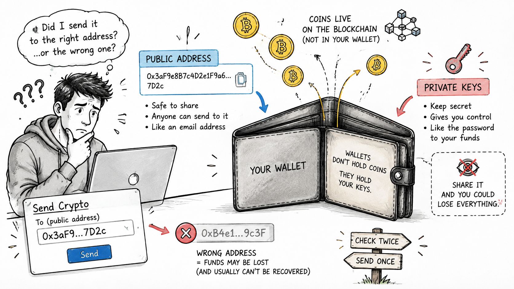A hand-drawn educational diagram explaining how crypto wallets work, public addresses, private keys, and transaction safety.