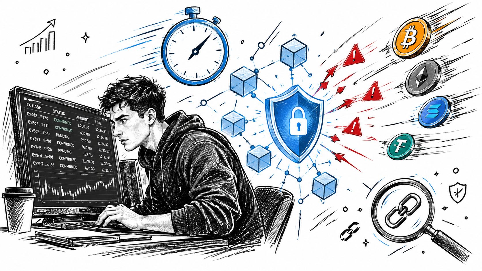 A digital illustration of a person monitoring blockchain transactions on a screen with security and crypto symbols.