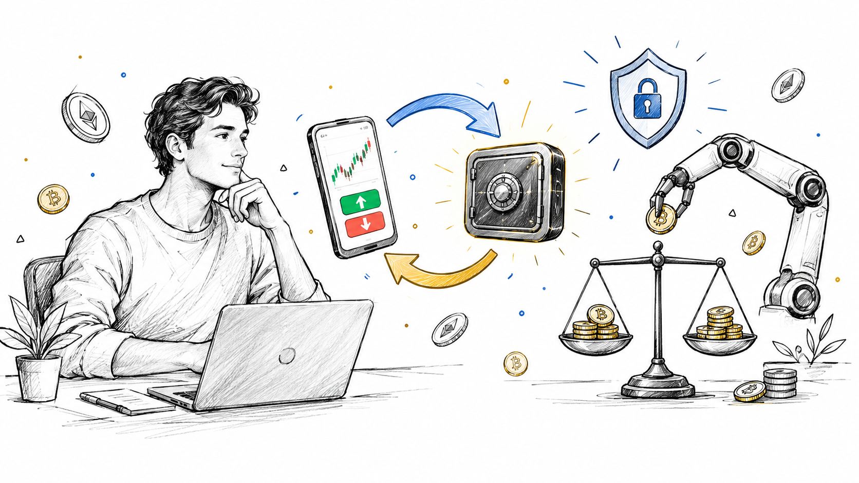 A person sitting at a desk with a laptop, looking at crypto trading concepts like vaults and automation.
