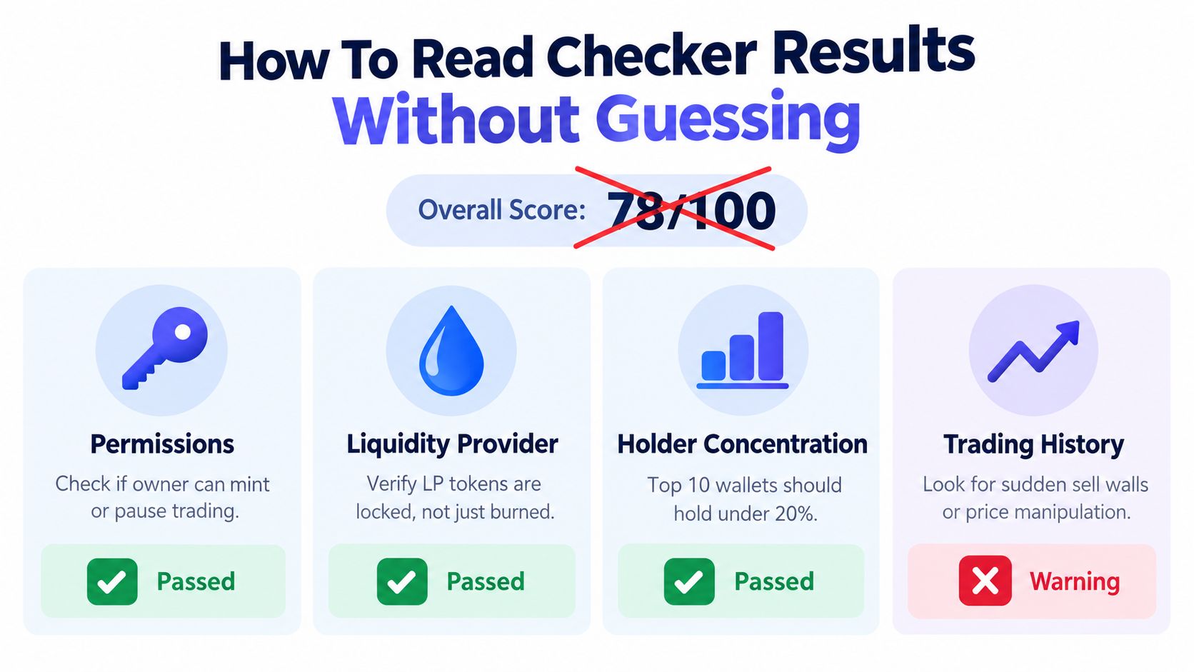 An infographic explaining how to read crypto project checker results including permissions, liquidity, concentration, and trading history.