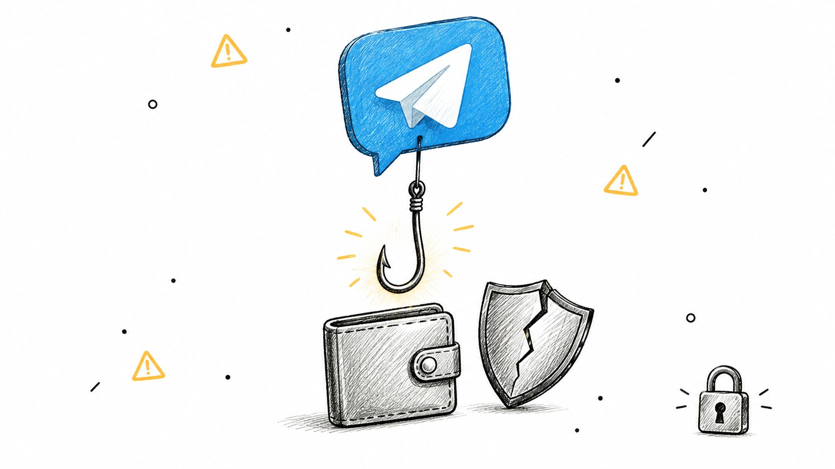 A hand-drawn illustration showing a Telegram speech bubble fishing for a wallet, representing a crypto phishing scam.