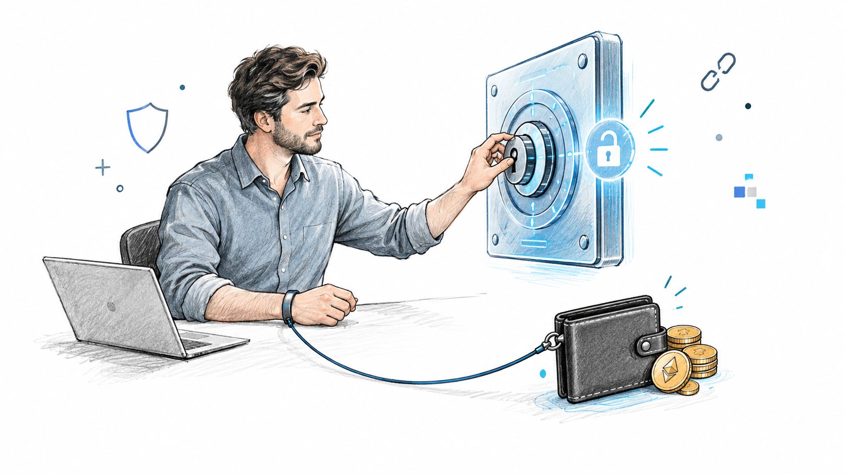 A man securing digital assets with a combination lock while connected to a cryptocurrency wallet.