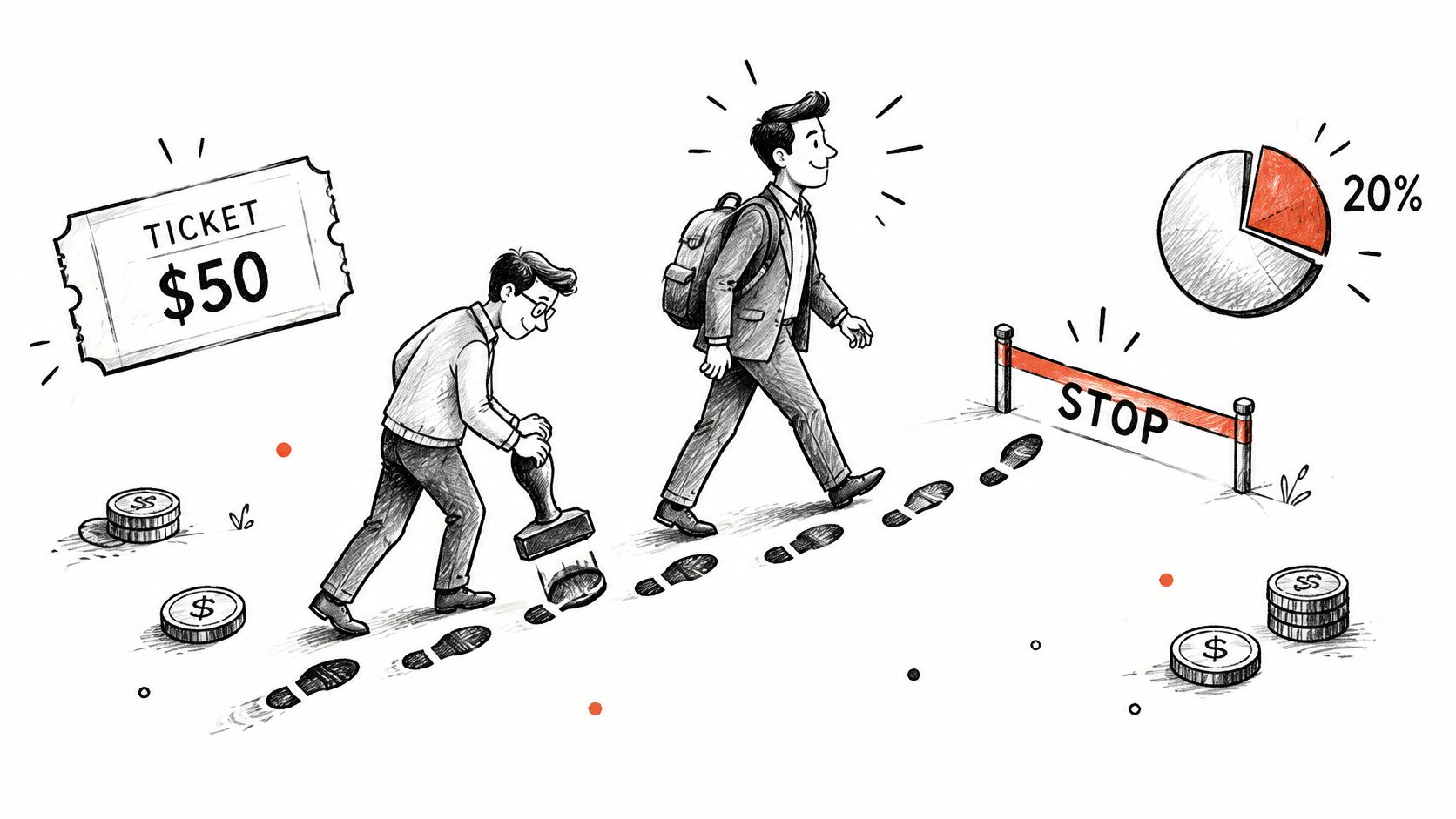 A conceptual illustration of a person stamping footprints leading towards a barrier labeled stop near a pie chart.