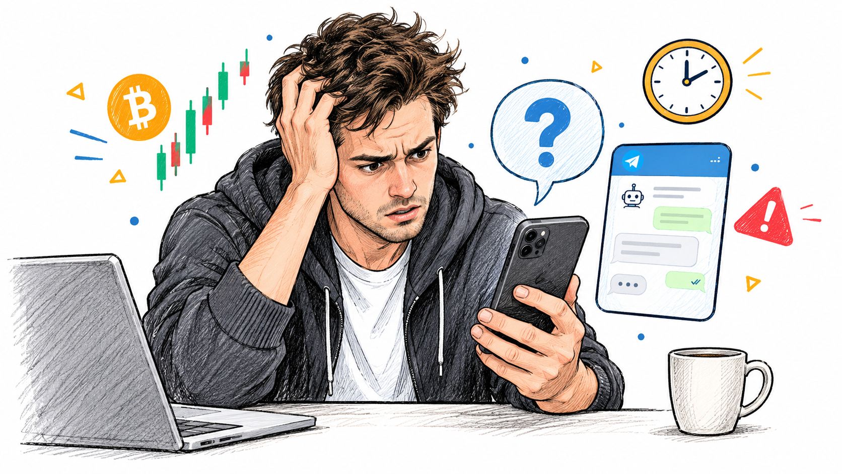 A stressed man looking at his smartphone while sitting at a desk with a laptop and coffee.
